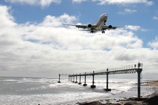 Close up of a plane coming in for landing on Lanzarote, Canary Islands, Spain.
