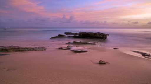 A mesmerizing view of a rocky shore of the ocean captured during a purple sunset evening