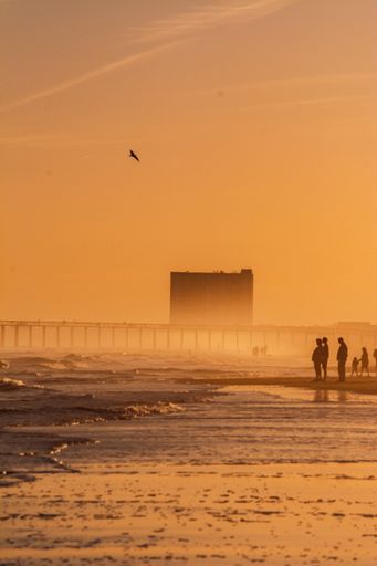 A vertical shot of a beach during the sunset with silhouettes of people standing