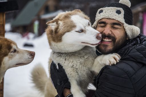 A selective focus shot of a young Hispanic male holding an adorable husky