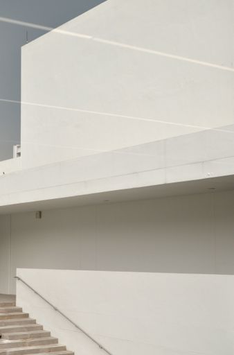 A vertical shot of a staircase next to a white wall