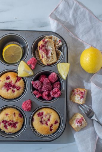 A top view shot of sweet vanilla raspberry muffins