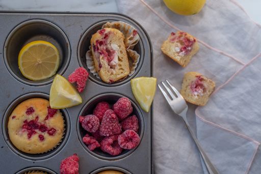 A top view shot of sweet vanilla raspberry muffins