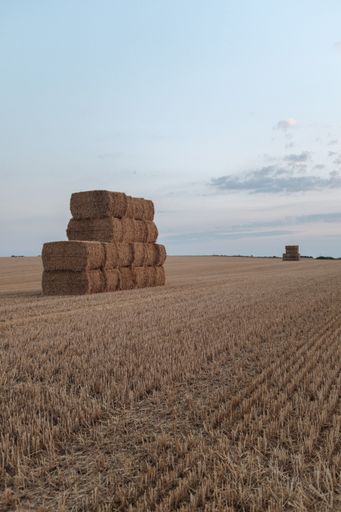 A stack of hay in a large field