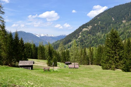 A horizontal shot of beautiful green mountains and small houses on the land with fir trees under the cloudy sky