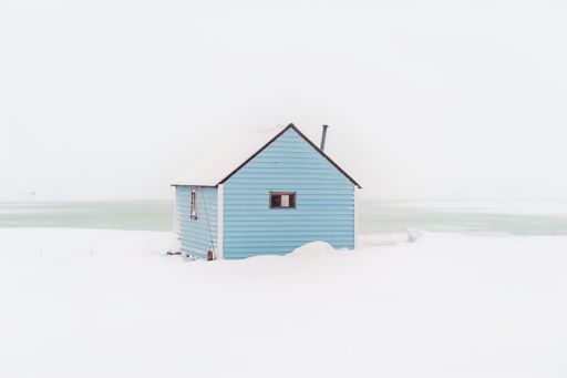 Bering Sea coast fishing cabin near Nome, Alaska in winter