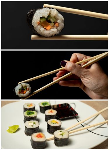 A vertical collage of closeup shots of sushi rolls with chopsticks and soy sauce