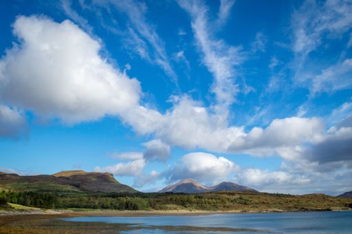 A beautiful scenery of ocean, isles and mountains in Isle of Skye, Scotland