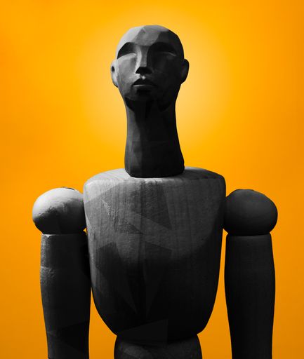 A vertical closeup shot of an abstract man sculpture on orange background-can be used for music cover designs, art posters or prints