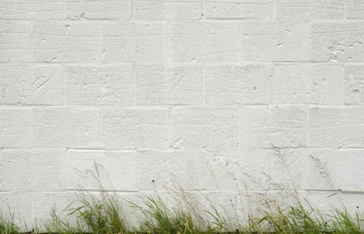 A closeup shot of a white concrete brick wall texture with green grass -perfect for background