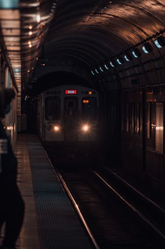 A vertical shot of a train arriving at the station