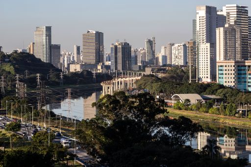 City skyline, with Marginal Avenue and Pinheiros River in the foreground, in the south zone of Sao Paulo, Brazil