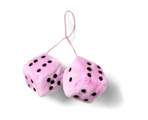 A pink fuzzy dice isolated on a white background