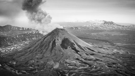 A beautiful grayscale shot of the Kamchatka Peninsula in Russia
