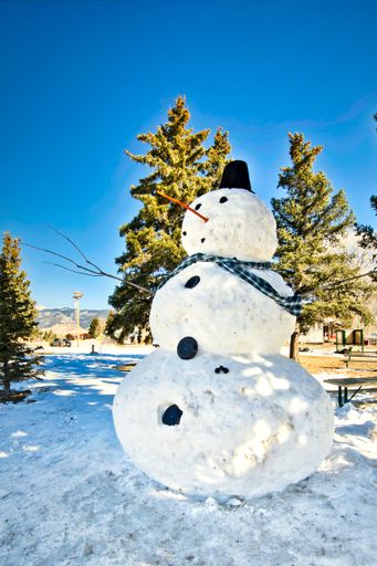 A vertical shot of a giant snowman in New Mexico city park, Eagle Nest, The USA