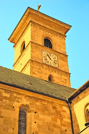 A vertical shot of the Saint Michael's Cathedral bell tower in Alba Iulia, Romania