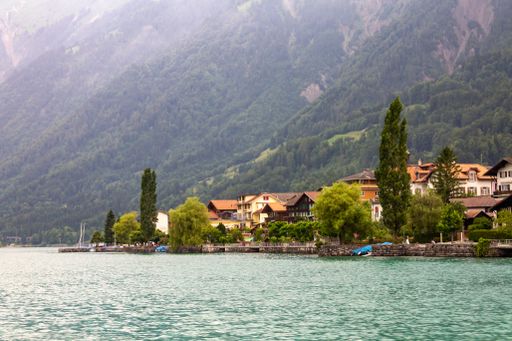 The beautiful view of Lake Brienz and the small town surrounded by the Alps. Interlaken, Switzerland.