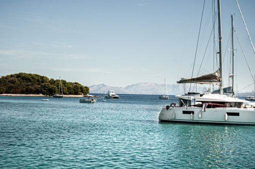 Boats anchored in the Blue Lagoon in Croatia
