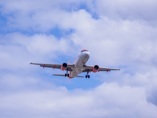 Jet passenger air plane coming into land Manchester international airport