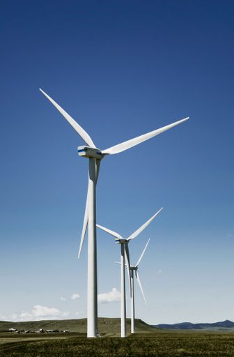 A vertical shot of wind turbines in the field on a sunny day