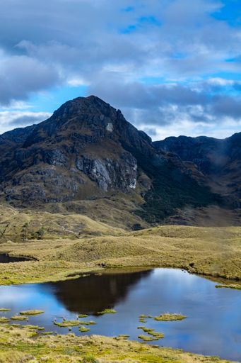 A vertical shot of mountains and a cloudy sky over it