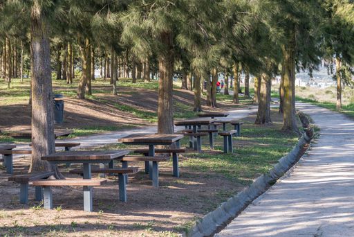 The picnic tables in the Santa Iria de Azoia Urban Park in Loures, Portugal