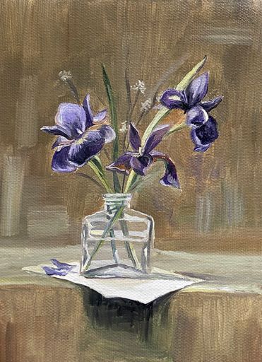 A vertical shot of an oil painting depicting still life of violet flowers in a vase
