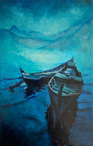 A vertical shot of an oil painting depicting two boats in the sea in a background of mountains