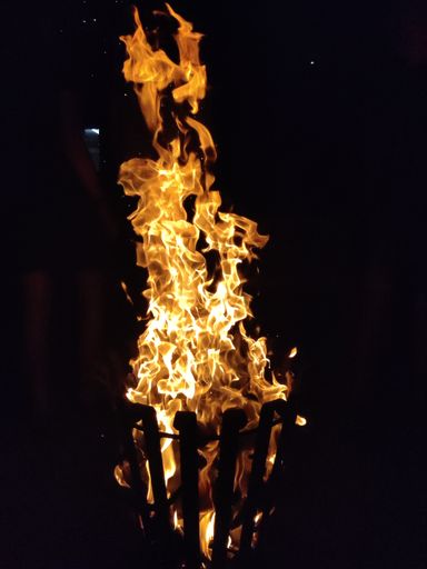 A vertical shot of a campfire in the darkness