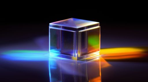 A closeup shot of dichroic reflective square cube scattering beam of light into several colors