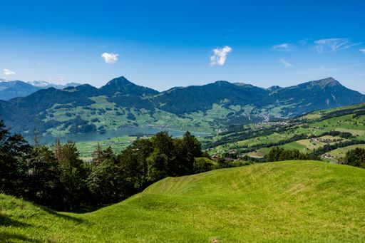 A scenic view of hills covered with green trees and lawn on a sunny day in Sattel, Switzerland