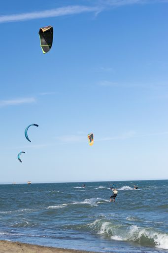 A vertical shot of a group of people kitesurfing on the waves of the sea on a sunny clear day