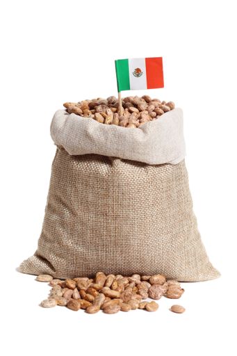 A Burlap Sack of Pinto Beans With Flag of Mexico Isolated on a White Background