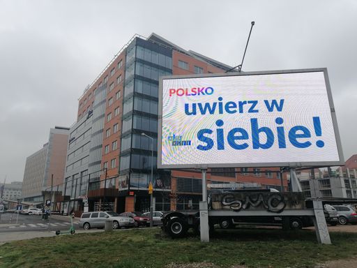 A Polsko billboard on the Roosevelta street by the Globis office building in Poznan, Poland
