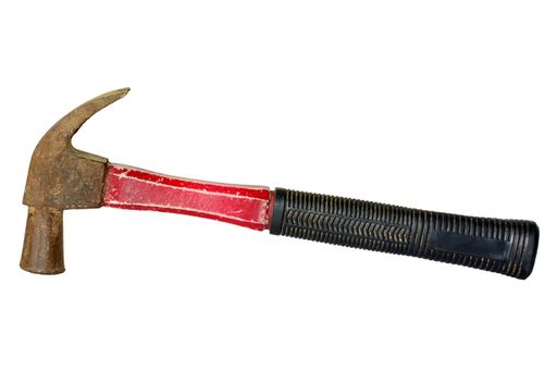 An old hammer on a white background.