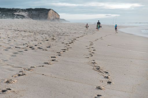 A man with his sons walking along the sandy beach in Denmark, Romo
