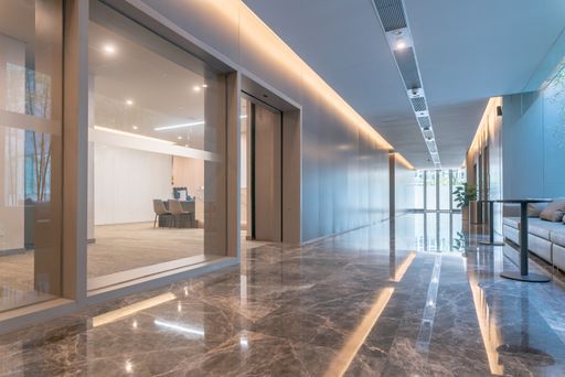 An empty corridor in a modern hospital with decoration
