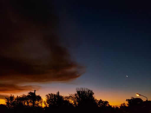 A mesmerizing scenery of the vibrant sunset with clouds, the crescent moon and silhouettes of trees