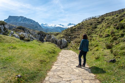 A back shot of an adult man heading to the Buferrera mines in the Covadonga lakes on a sunny day, Asturias, Spain