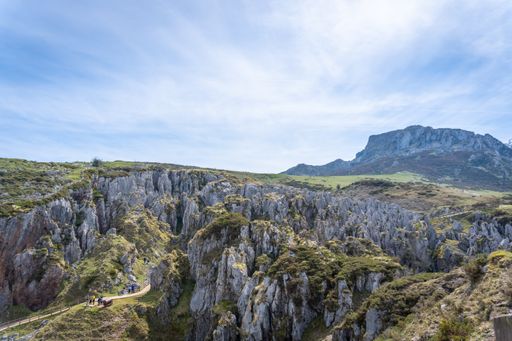 A beautiful landscape view of the Buferrera mines in the lakes of Covadonga on a sunny day, Asturias, Spain