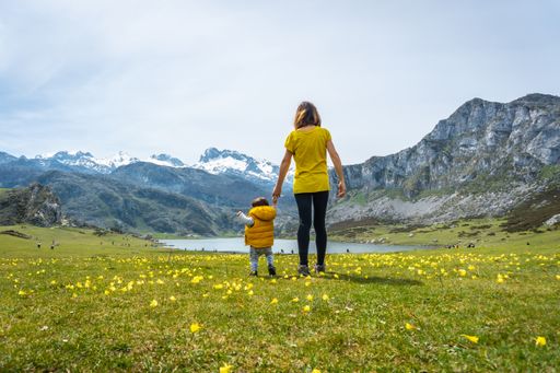 A back shot of a child taking his first steps with his mother in a green field near to Lake Ercina, Lakes of Covadonga, Asturias, Spain