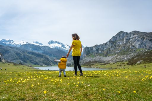 A back shot of a child taking his first steps with his mother in a green field near to Lake Ercina, Lakes of Covadonga, Asturias, Spain
