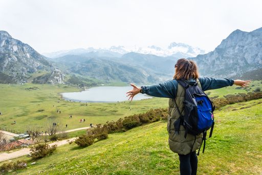 A back shot of an excited tourist with a backpack at the Entrelagos viewpoint of Lake Ercina in the Lakes of Covadonga, Asturias, Spain
