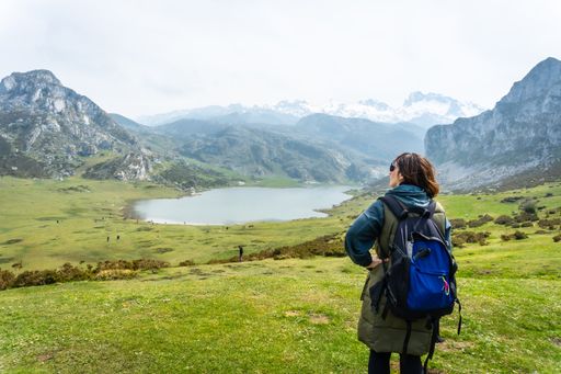 A back shot of a tourist with a backpack at the Entrelagos viewpoint of Lake Ercina in the Lakes of Covadonga, Asturias, Spain