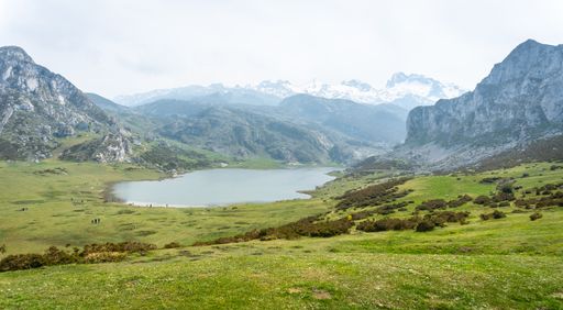 The view from the Entrelagos viewpoint of Lake Ercina in the Lakes of Covadonga, Asturias, Spain