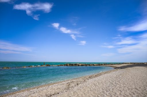 A natural view of a beautiful beach under a clear sky during summertime