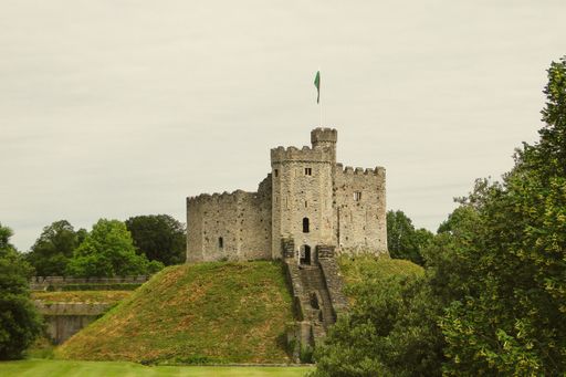 The historic stone Cardiff Castle on a hill in Wales