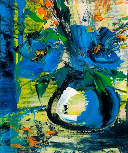 A vibrant oil painting of flowers in a vase