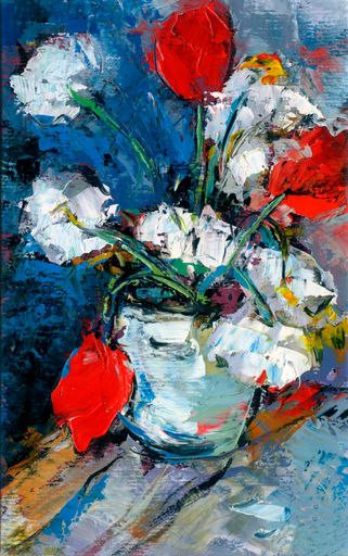 A vibrant oil painting of flowers in a vase