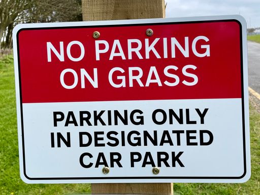A closeup shot of a no parking sign on grass